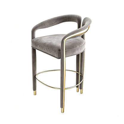 Green Velvet Counter Bar Stool with Gold Metal Accent, Modern Luxury Curved Arm Bar Chair