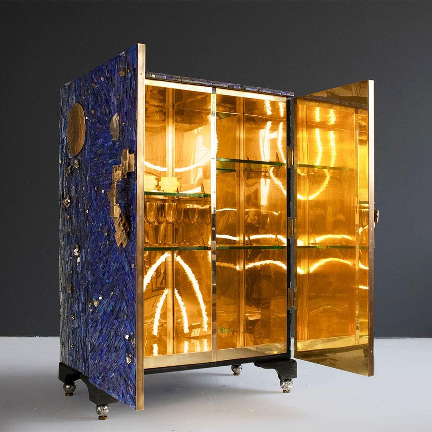 Unique Rectangular Deep Blue Brass Cabinet with Two Doors