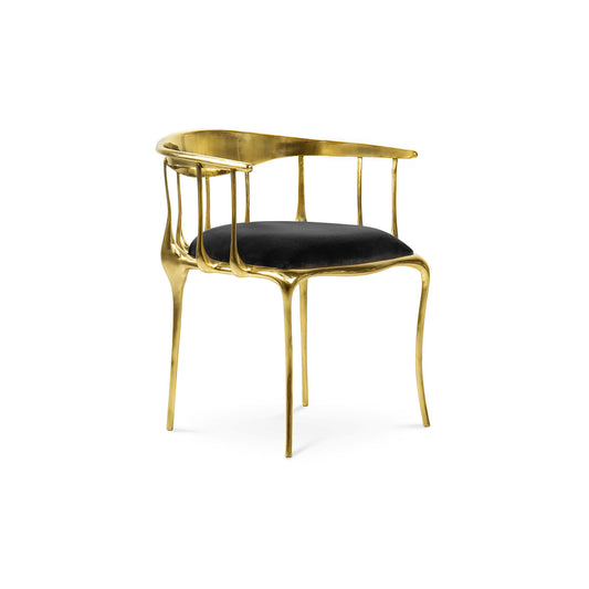 Luxury Brass Armchair with Black Velvet Seat | Modern Gold Metal Dining Chair