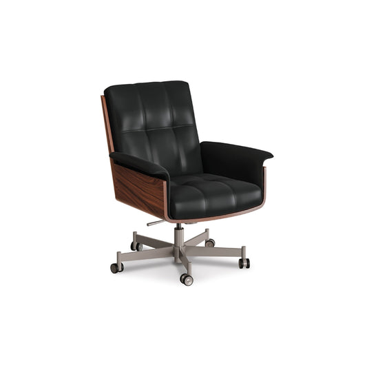 Black Leather & Wood Swivel Executive Office Chair with Wheels
