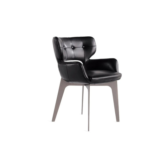 Italian luxury dining chair with armrests and upholstered design. Black Tufted Leather Armchair.