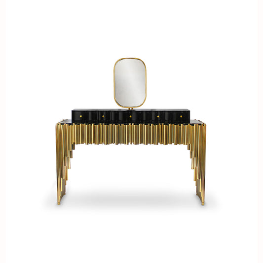 Luxury Black Gold Fringe Vanity Desk with LED Oval Mirror