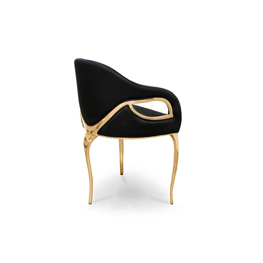 Luxury Black Velvet Armchair with Sculptural Gold Metal Frame | Modern Curve Dining Chair