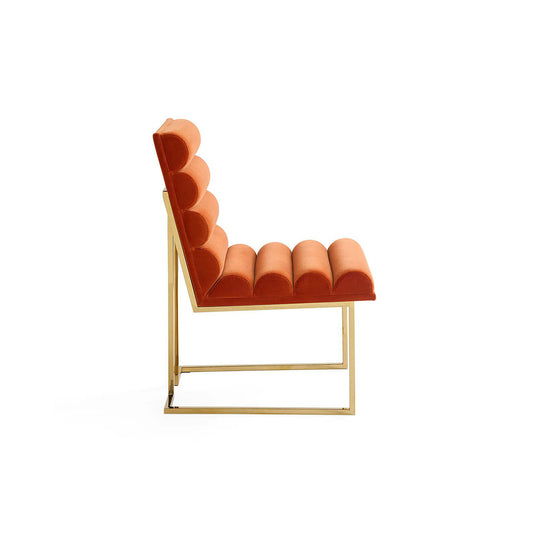 Modern, understated luxury orange velvet chair | Semi-circular backrest gold designer chair