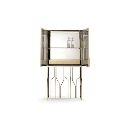 Art Deco Inspired Tall Gold Bar Cabinet with Glass Doors