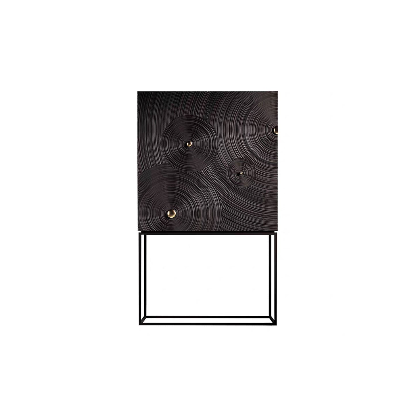 Black Wooden Bar Counter with Spiral Carved Texture and Metal Base