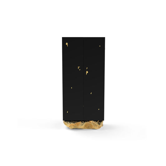 Black Bar Cabinet with Hammered Brass Base & Gold Accents