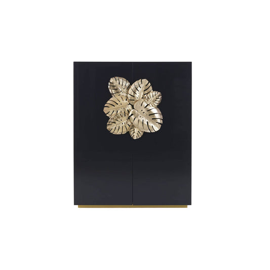 Black Bar Cabinet with Brass Monstera Leaf Handles