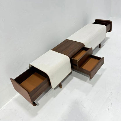 Mid-Century Leather Upholstered Bench with Walnut Drawer