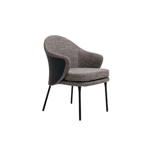 Modern Grey Boucle Accent Chair with Black Leather Back | Black Metal Legs Lounge Chair