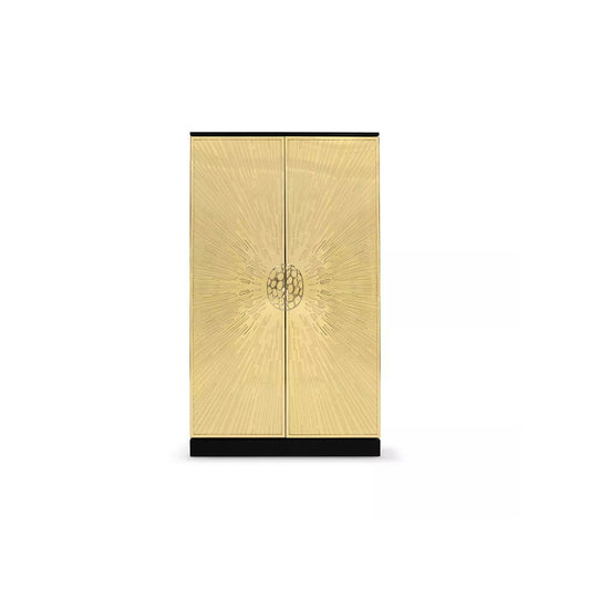 Gold Sunburst Carved Wood Bar Cabinet with Black Base