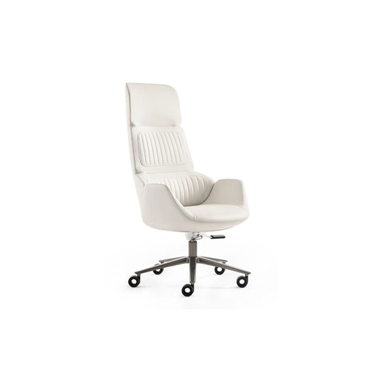 White Leather High-Back Executive Office Chair with Swivel Base