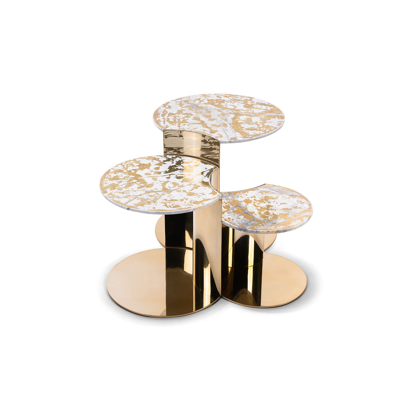 Polished Gold Stainless Steel Multi-Level Coffee Table with Gold Vein Marble Top