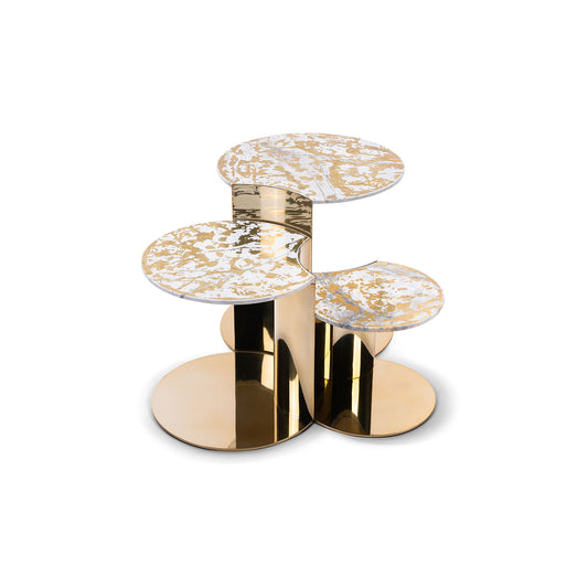 Polished Gold Stainless Steel Multi-Level Coffee Table with Gold Vein Marble Top