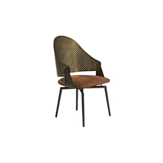 Luxury Gold Perforated Armchair - Brown Upholstered Modern Dining Chair