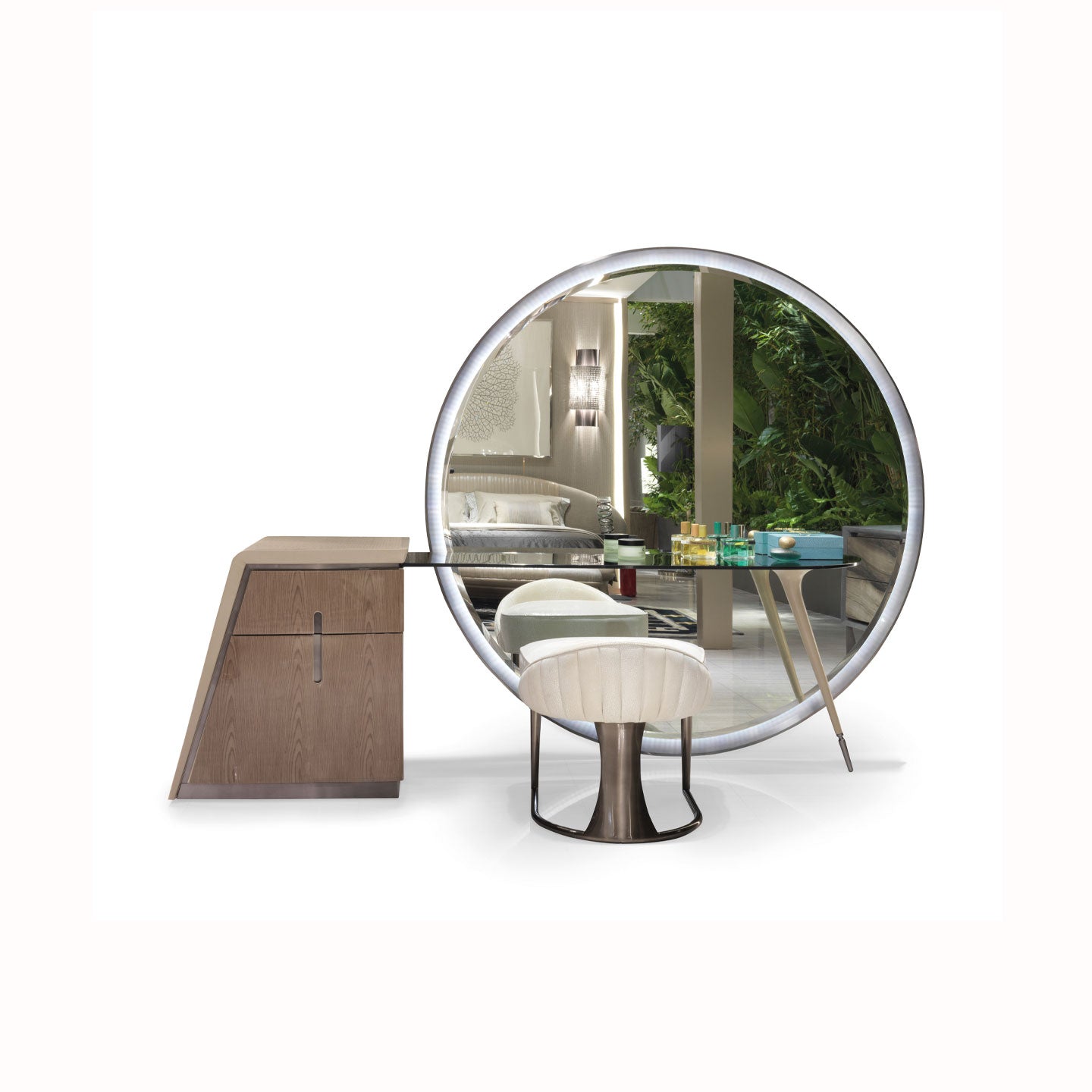 Modern round mirrored floor-standing vanity table with glass top