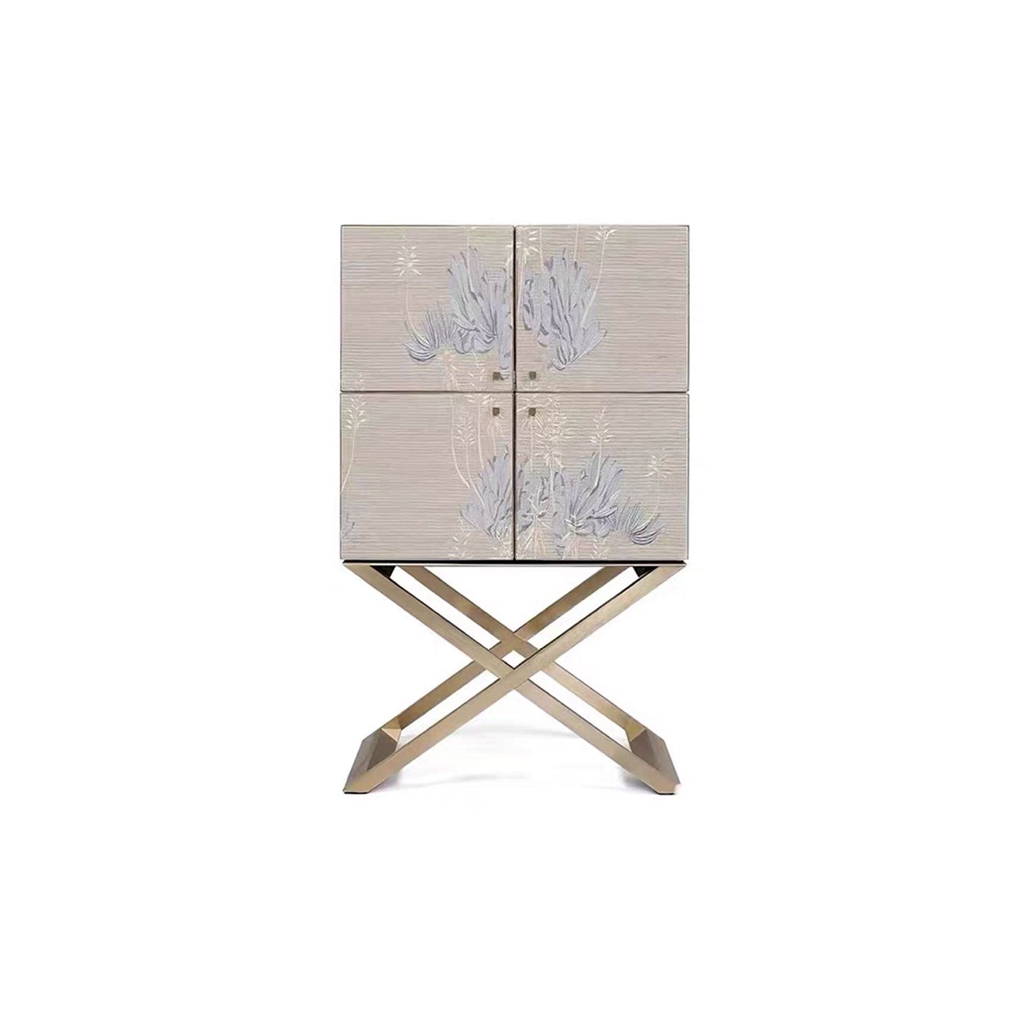Embroidered Floral Bar Cabinet with Gold X-Base Legs