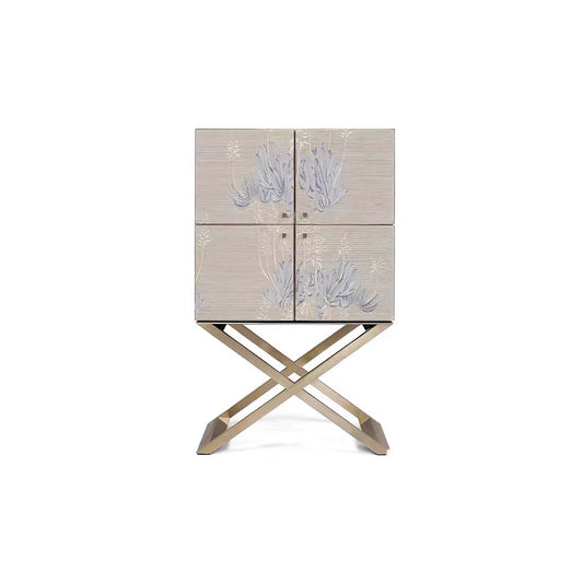 Embroidered Floral Bar Cabinet with Gold X-Base Legs
