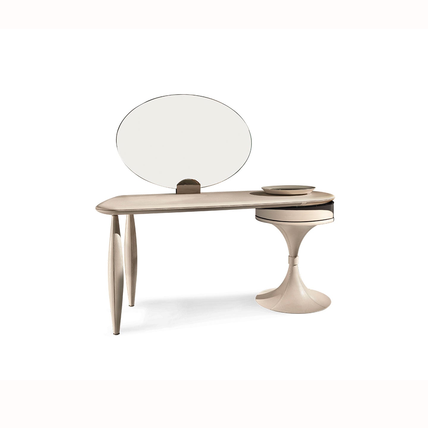 Modern Beige Vanity Desk with Oval Mirror & Stool