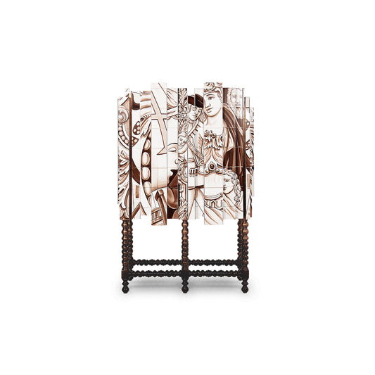 Hand-Painted Bar Cabinet with Renaissance Tile Art & Bobbin Legs