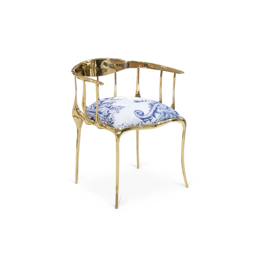 Luxury Brass Armchair with Blue and White Porcelain Pattern Velvet Seat | Modern Gold Dining Chair