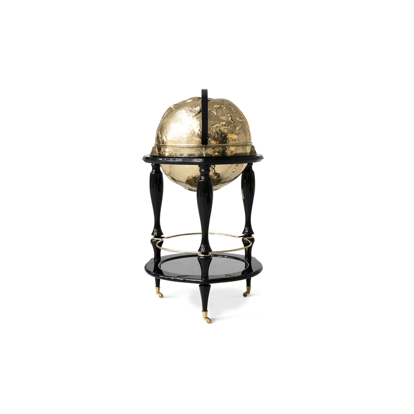 Gold Hammered Globe Bar Cart with Black Wood Stand