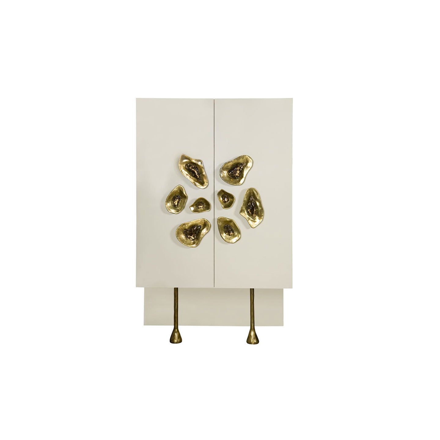 Crescent Ivory Lacquer Cabinet with Sculptural Brass Handles