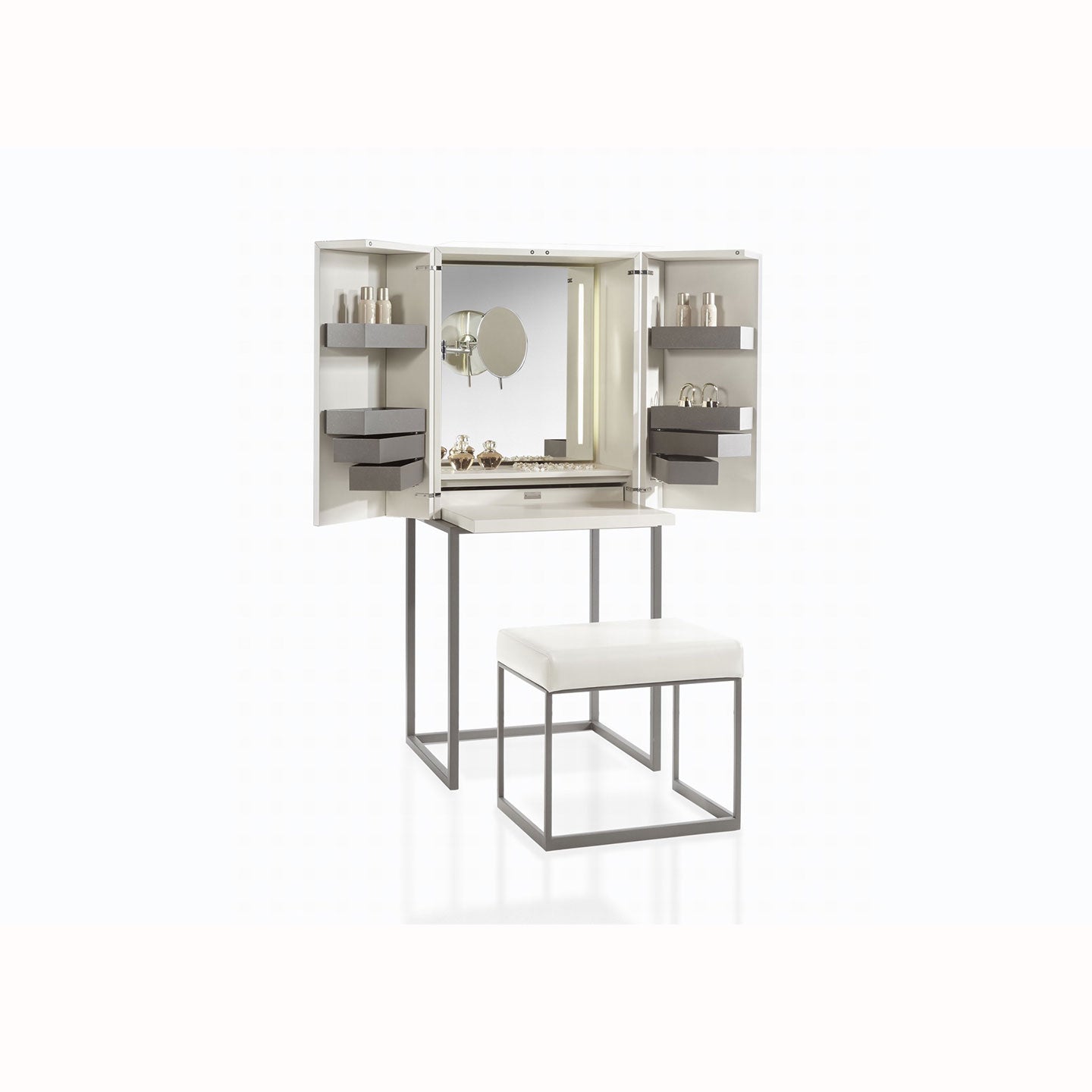Modern White Folding Vanity Desk with LED Mirror & Stool