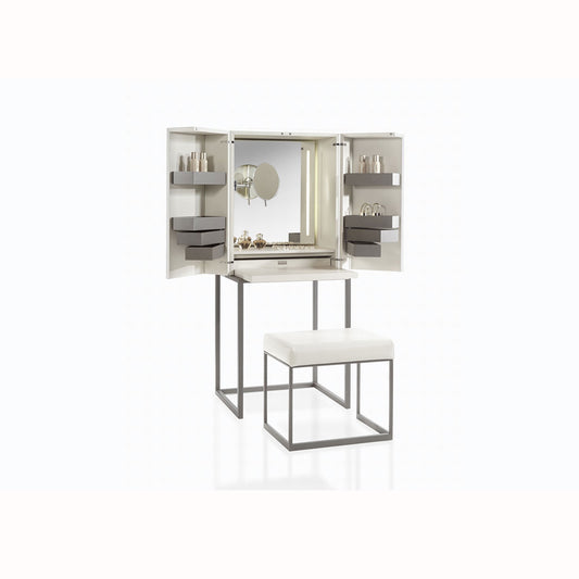 Modern White Folding Vanity Desk with LED Mirror & Stool