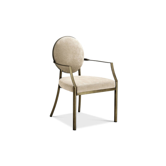 Beige round-back gold armchair | Luxury fabric dining chair with round back and metal legs.