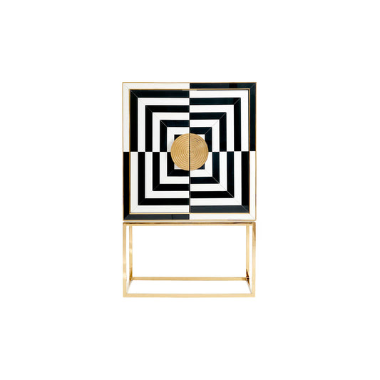 Black & White Geometric Bar Cabinet with Gold Base