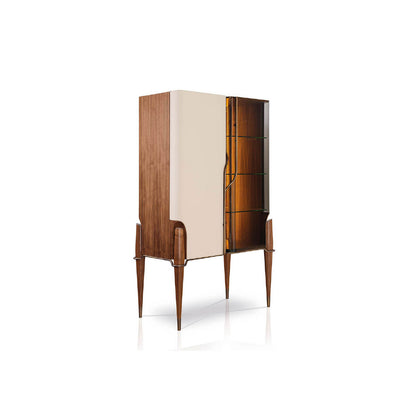 Mid-Century Modern Wood & Cream Leather Bar Cabinet
