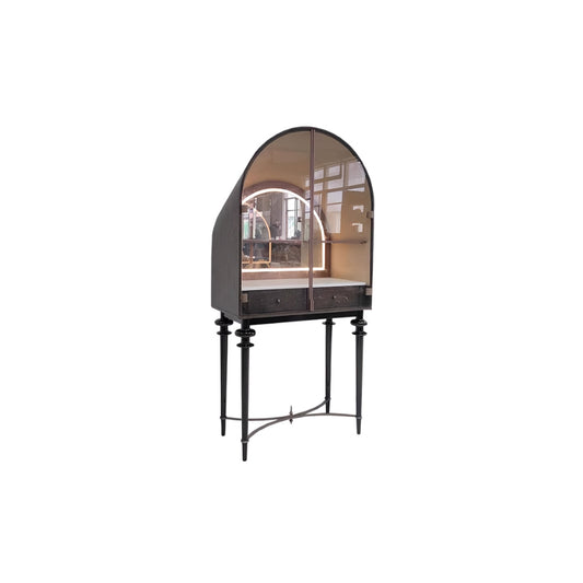 Arched bar cabinet with transparent glass doors and built-in LED lights