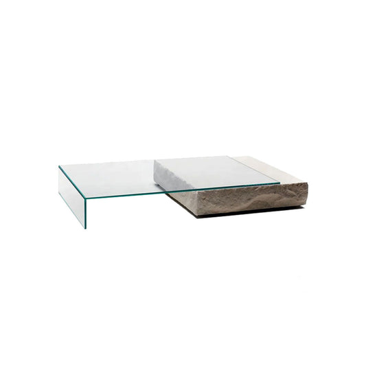 Rectangular glass and rock coffee table