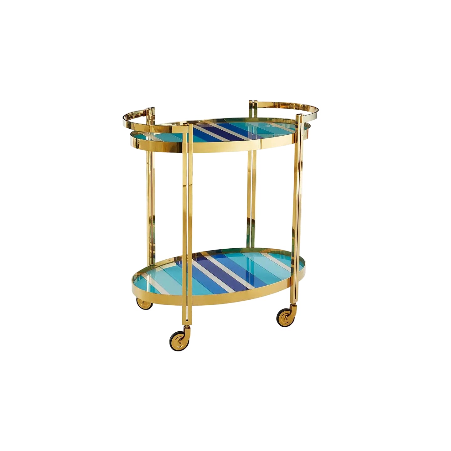 Luxury Blue Striped Glass Bar Cart - Gold Frame