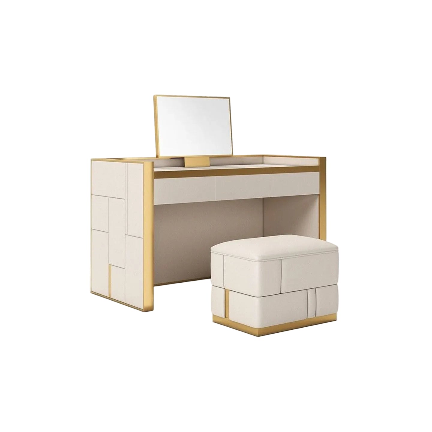 Modern Cream White Vanity Desk with Mirror & Stool