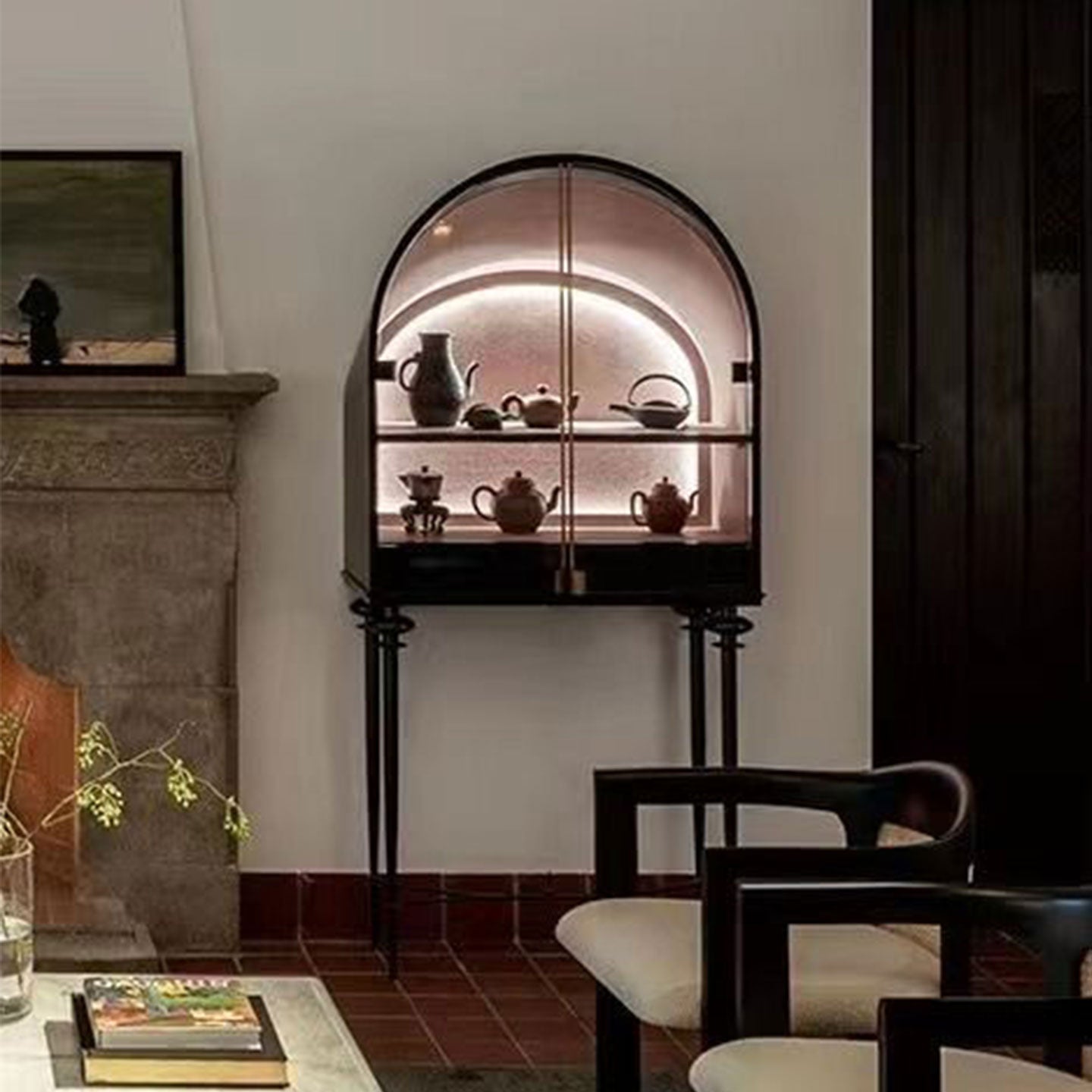 Arched bar cabinet with transparent glass doors and built-in LED lights
