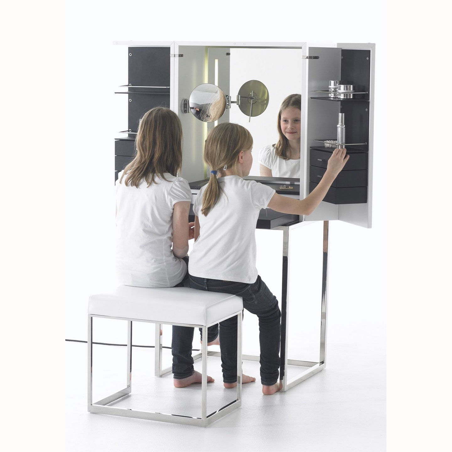 Modern White Folding Vanity Desk with LED Mirror & Stool