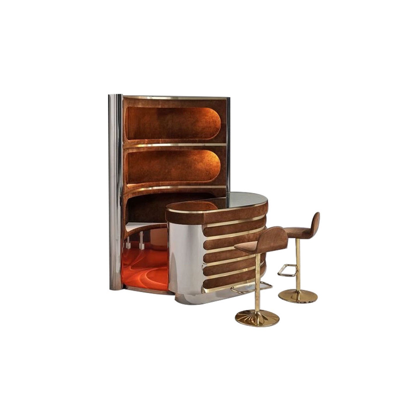 Mirrored triangular wine cabinet Bar Gold Brass and Suede LED Illuminated