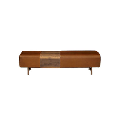 Mid-Century Leather Upholstered Bench with Walnut Drawer