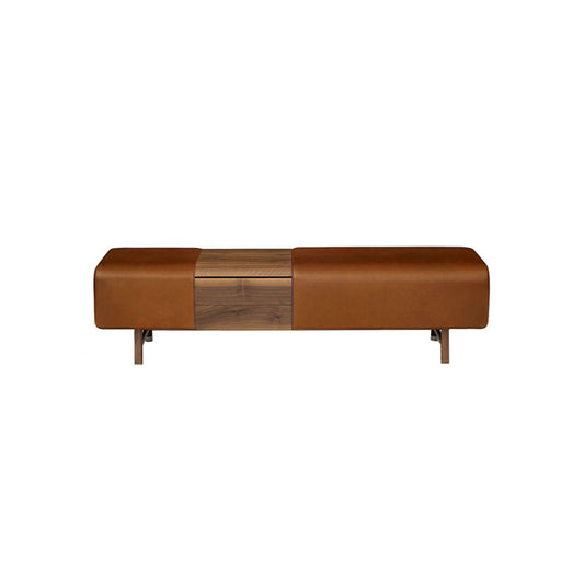 Mid-Century Leather Upholstered Bench with Walnut Drawer