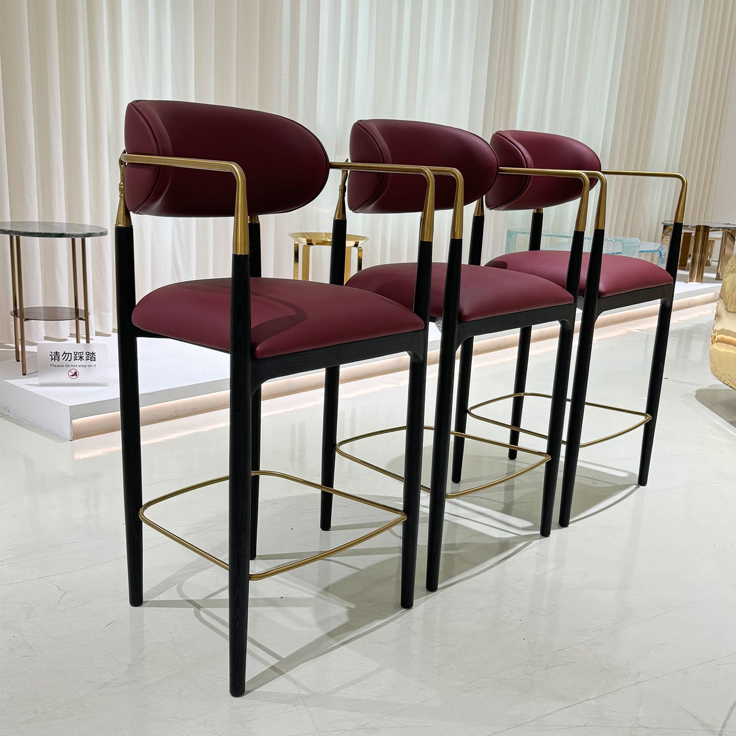 Bar stools, polished brass, microfiber leather chairs