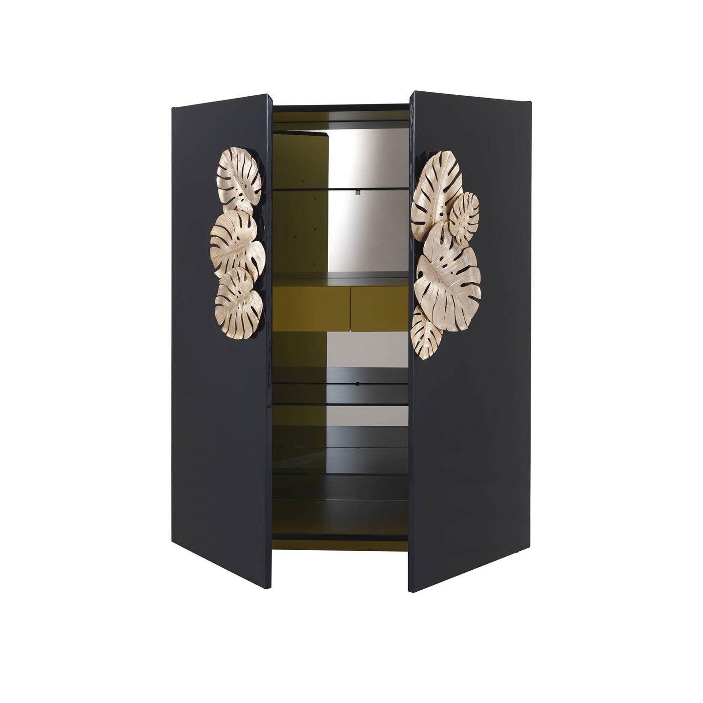 Black Bar Cabinet with Brass Monstera Leaf Handles
