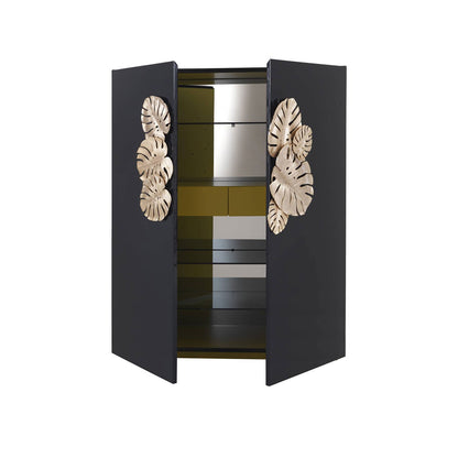 Black Bar Cabinet with Brass Monstera Leaf Handles