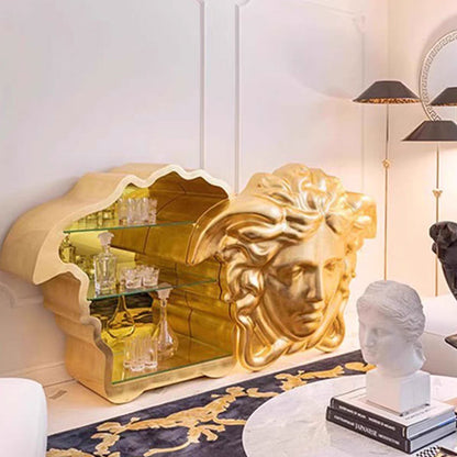 Gold Medusa Head Bar Cabinet - Sculptural Statement Home Bar