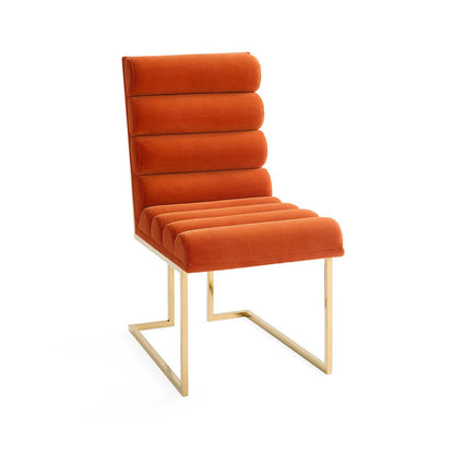Modern, understated luxury orange velvet chair | Semi-circular backrest gold designer chair