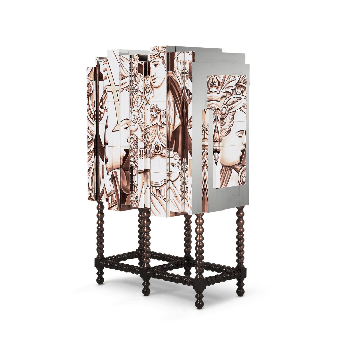 Hand-Painted Bar Cabinet with Renaissance Tile Art & Bobbin Legs