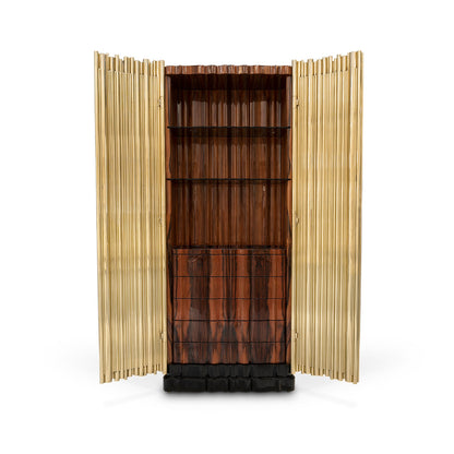 Polished Gold Stainless Steel Bar Cabinet with Dark Wood Interior