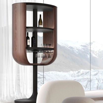 Walnut veneer wine cabinet with rotating doors and built-in LED lights