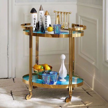 Luxury Blue Striped Glass Bar Cart - Gold Frame